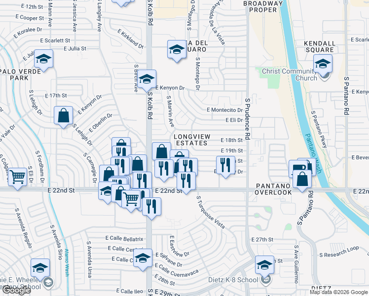 map of restaurants, bars, coffee shops, grocery stores, and more near 7221 East Beverly Drive in Tucson