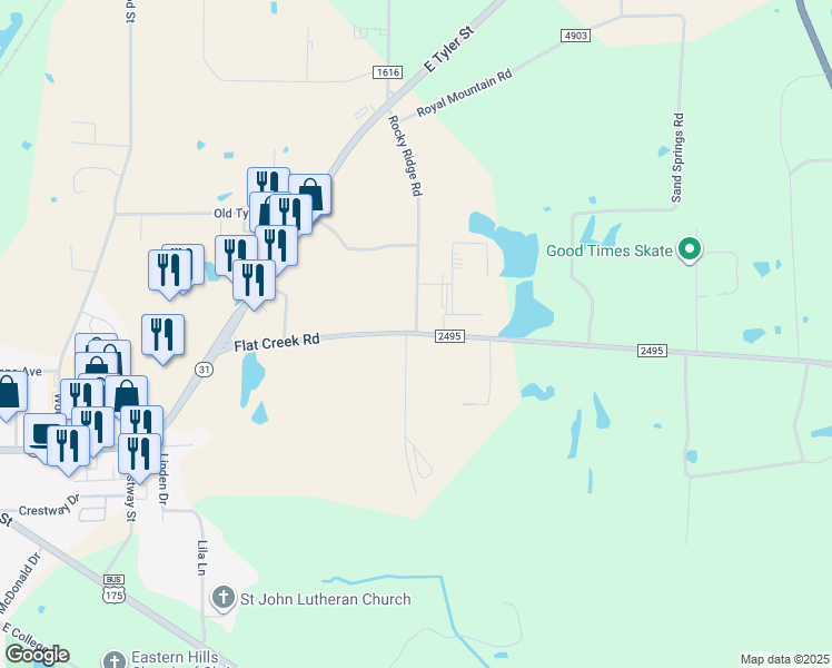 map of restaurants, bars, coffee shops, grocery stores, and more near 1401 Rocky Ridge Road in Athens