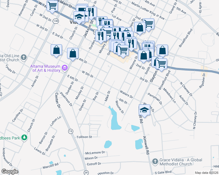 map of restaurants, bars, coffee shops, grocery stores, and more near 609 5th Street in Vidalia