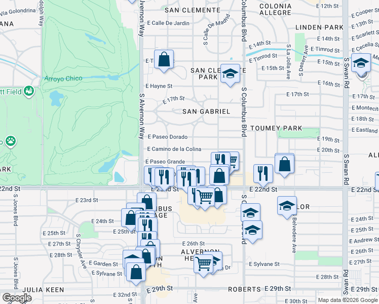 map of restaurants, bars, coffee shops, grocery stores, and more near 4058 East Camino de la Colina in Tucson