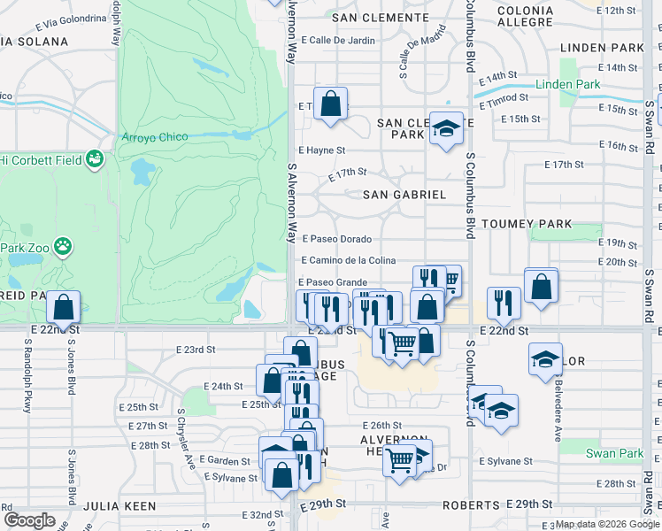 map of restaurants, bars, coffee shops, grocery stores, and more near 4002 East Camino de la Colina in Tucson
