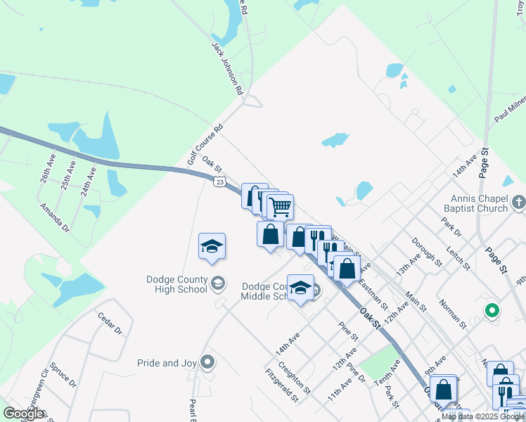 map of restaurants, bars, coffee shops, grocery stores, and more near 6327 Oak Street in Eastman