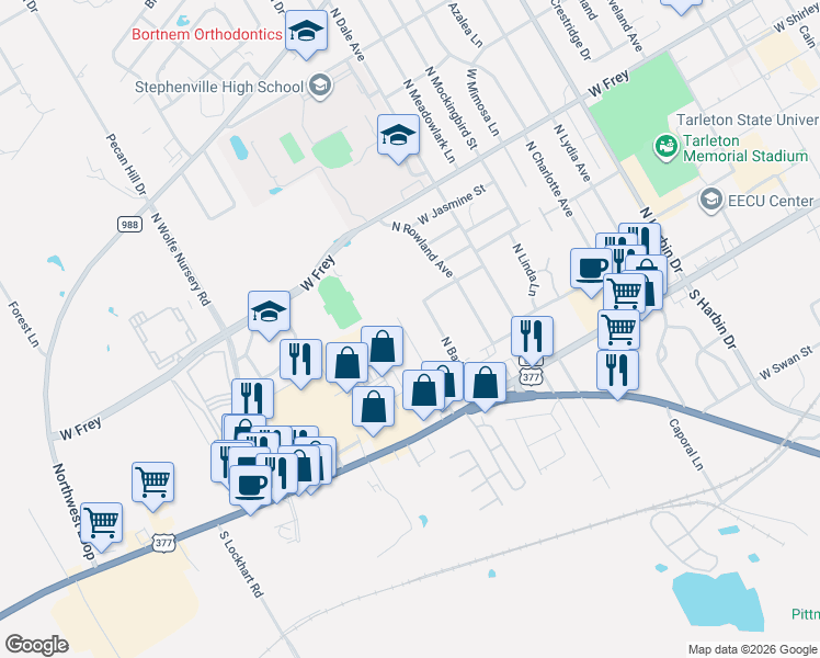 map of restaurants, bars, coffee shops, grocery stores, and more near 257 Reta Avenue in Stephenville