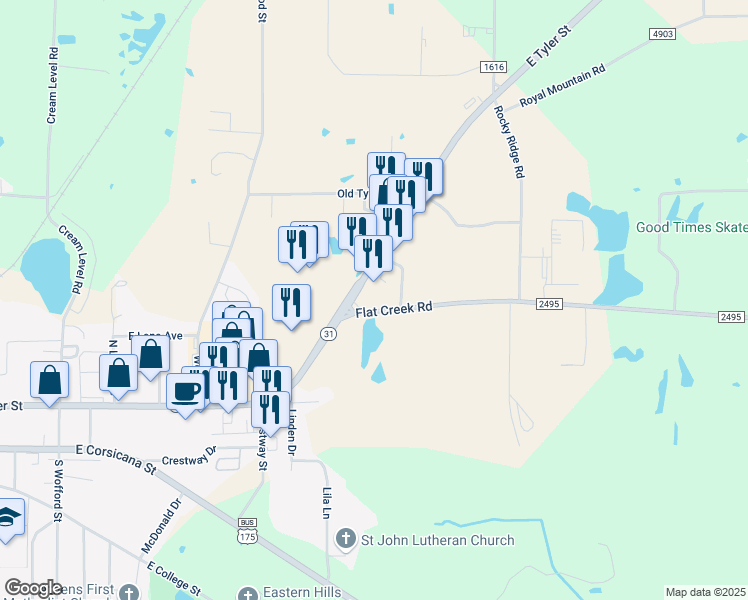 map of restaurants, bars, coffee shops, grocery stores, and more near 1303 Flat Creek Road in Athens