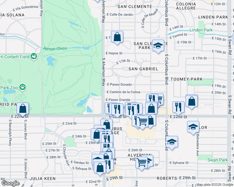 map of restaurants, bars, coffee shops, grocery stores, and more near 4002 East Camino de la Colina in Tucson