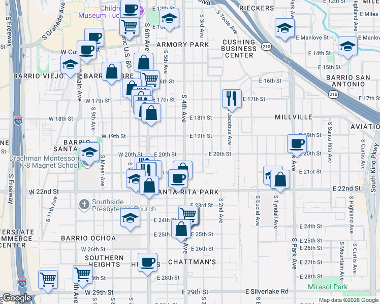 map of restaurants, bars, coffee shops, grocery stores, and more near in Tucson