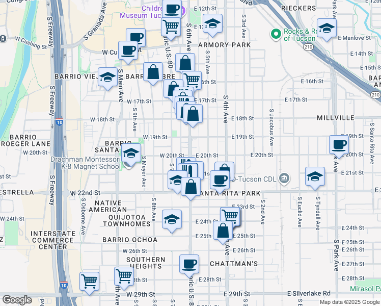 map of restaurants, bars, coffee shops, grocery stores, and more near in Tucson
