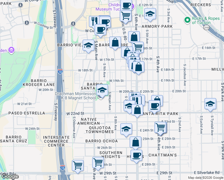 map of restaurants, bars, coffee shops, grocery stores, and more near 949 South 8th Avenue in Tucson
