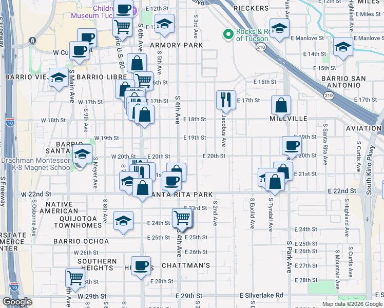 map of restaurants, bars, coffee shops, grocery stores, and more near 335 East 20th Street in Tucson