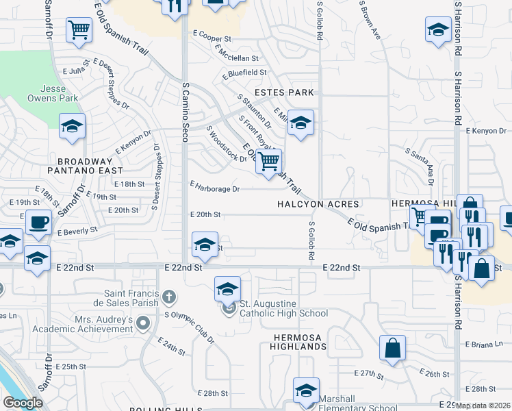 map of restaurants, bars, coffee shops, grocery stores, and more near 8865 East 20th Street in Tucson