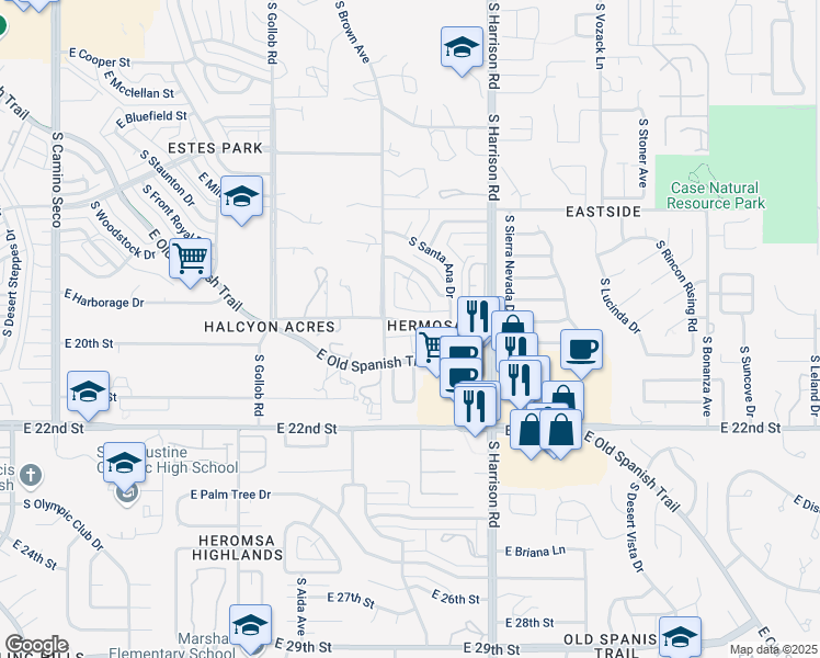 map of restaurants, bars, coffee shops, grocery stores, and more near 9324 East Magdalena Road in Tucson