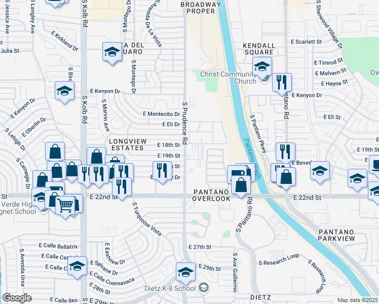 map of restaurants, bars, coffee shops, grocery stores, and more near 921 South Prudence Road in Tucson