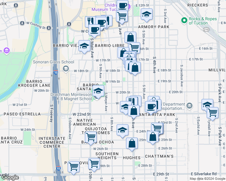 map of restaurants, bars, coffee shops, grocery stores, and more near 949 S 8th Ave in Tucson
