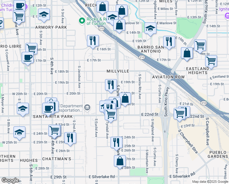 map of restaurants, bars, coffee shops, grocery stores, and more near 950 South Park Avenue in Tucson