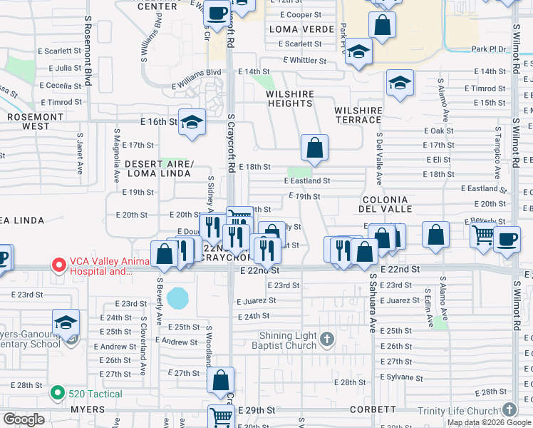 map of restaurants, bars, coffee shops, grocery stores, and more near 5610 East 20th Street in Tucson