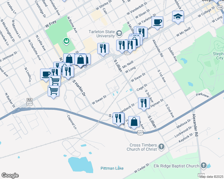 map of restaurants, bars, coffee shops, grocery stores, and more near 1609 West Swan Street in Stephenville