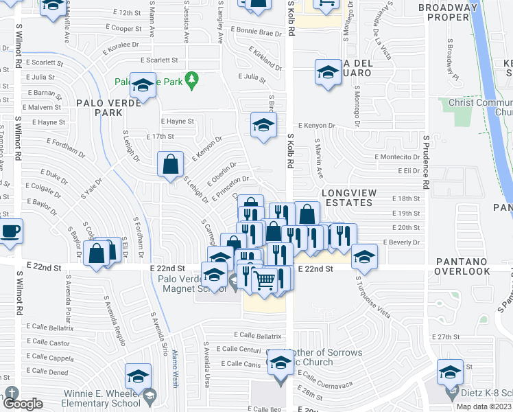 map of restaurants, bars, coffee shops, grocery stores, and more near 826 South Langley Avenue in Tucson