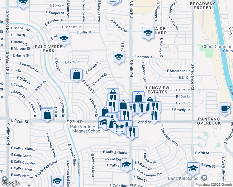 map of restaurants, bars, coffee shops, grocery stores, and more near 830 South Langley Avenue in Tucson