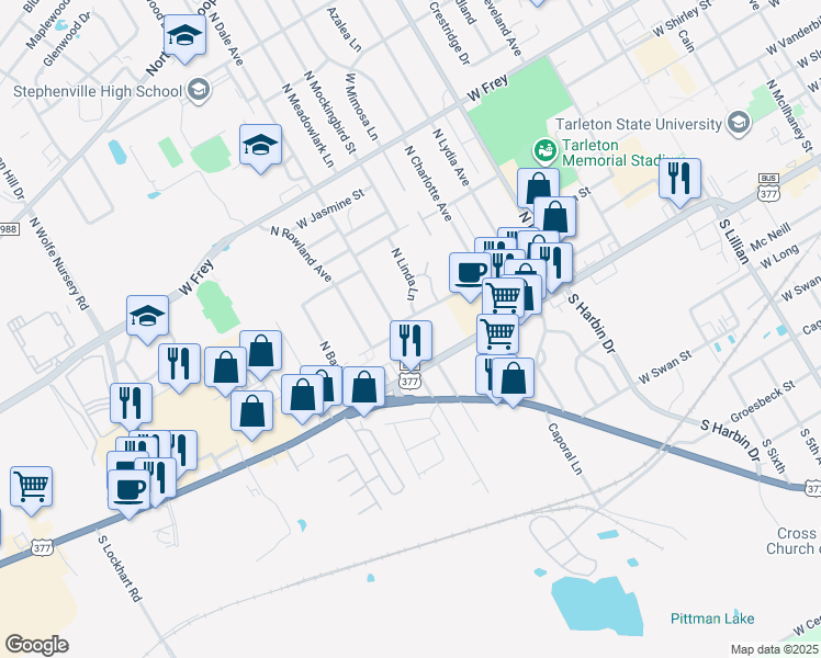 map of restaurants, bars, coffee shops, grocery stores, and more near 111 North Dale Avenue in Stephenville