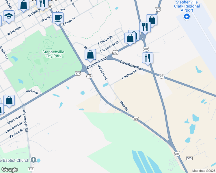 map of restaurants, bars, coffee shops, grocery stores, and more near 1000 Old Hico Road in Stephenville