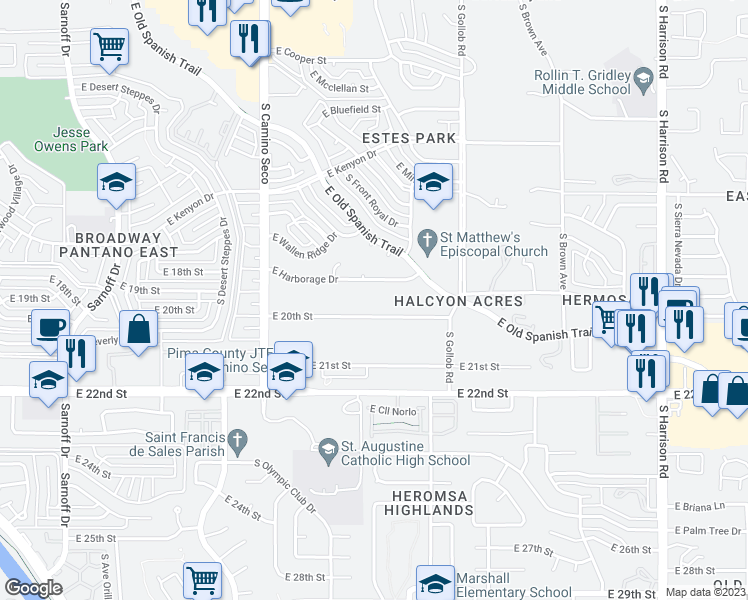 map of restaurants, bars, coffee shops, grocery stores, and more near 8865 East 20th Street in Tucson