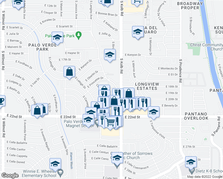 map of restaurants, bars, coffee shops, grocery stores, and more near E Calle Del Sol in Tucson