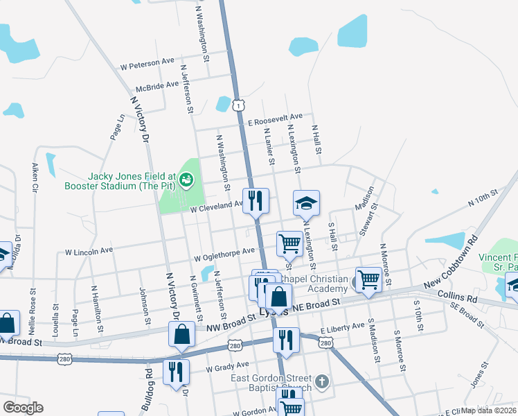 map of restaurants, bars, coffee shops, grocery stores, and more near 296 North State Street in Lyons