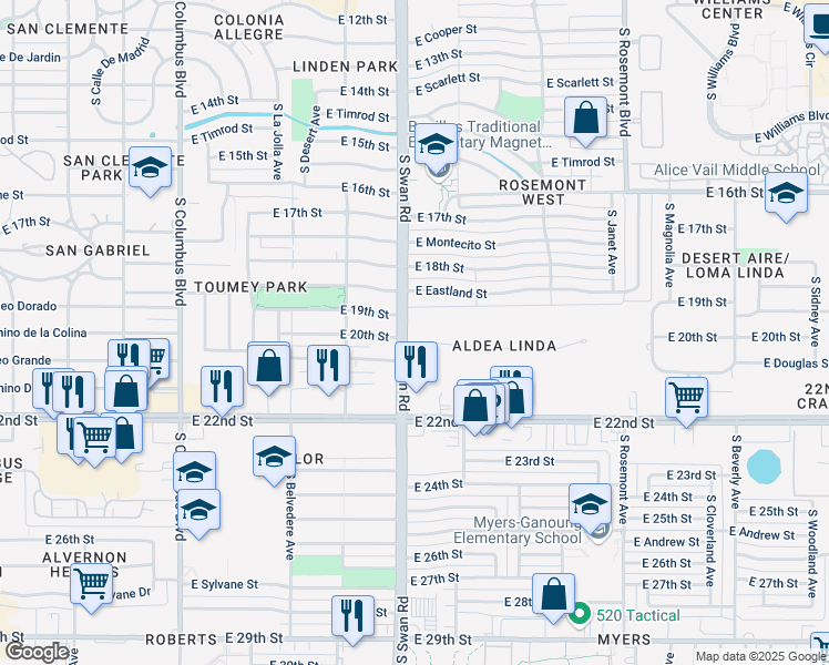 map of restaurants, bars, coffee shops, grocery stores, and more near 837 South Swan Road in Tucson