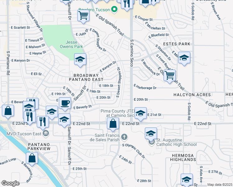 map of restaurants, bars, coffee shops, grocery stores, and more near 8550 East 20th Street in Tucson