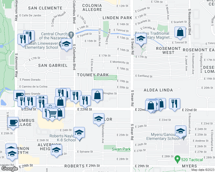map of restaurants, bars, coffee shops, grocery stores, and more near 4519 East 20th Street in Tucson