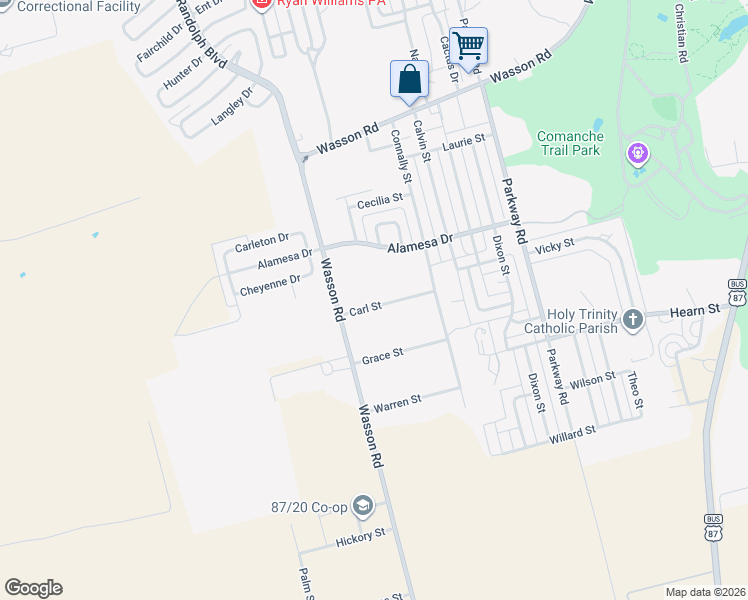 map of restaurants, bars, coffee shops, grocery stores, and more near 2101-2399 Carl Street in Big Spring