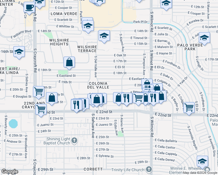 map of restaurants, bars, coffee shops, grocery stores, and more near 6061 East Beverly Street in Tucson