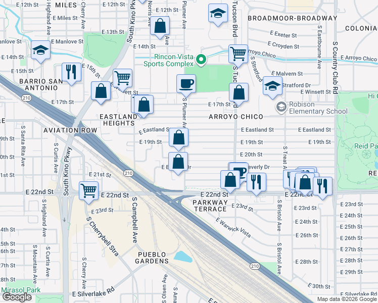 map of restaurants, bars, coffee shops, grocery stores, and more near 2236 East 20th Street in Tucson