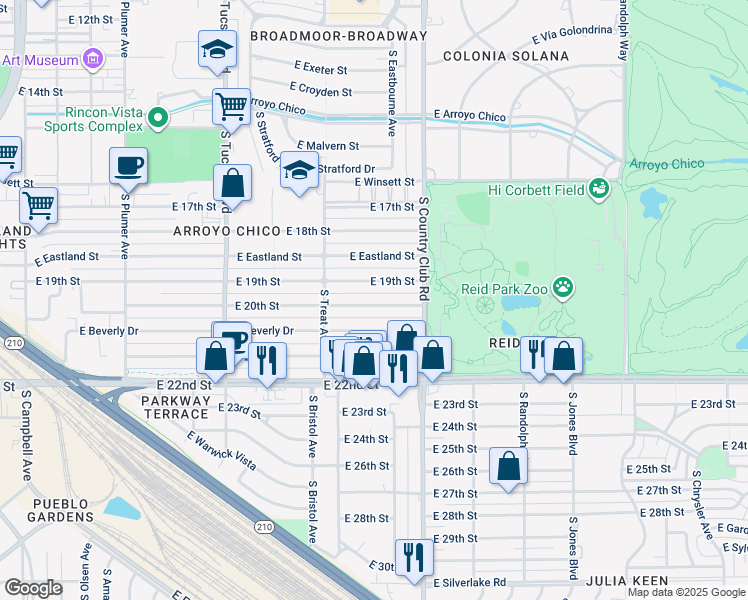 map of restaurants, bars, coffee shops, grocery stores, and more near 2919 East 20th Street in Tucson