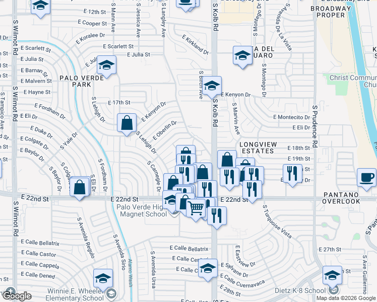 map of restaurants, bars, coffee shops, grocery stores, and more near Calle Del Sol in Tucson
