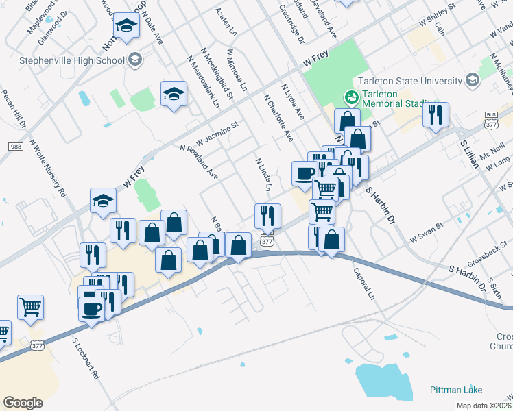 map of restaurants, bars, coffee shops, grocery stores, and more near 304 N Dale Ave in Stephenville