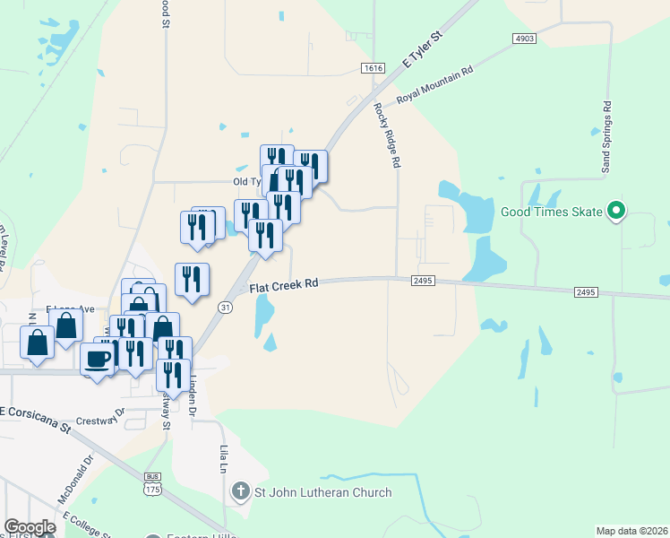map of restaurants, bars, coffee shops, grocery stores, and more near 201 Flat Creek Road in Athens
