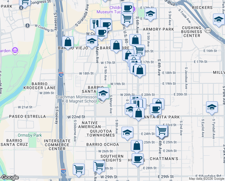 map of restaurants, bars, coffee shops, grocery stores, and more near 927 South Meyer Avenue in Tucson