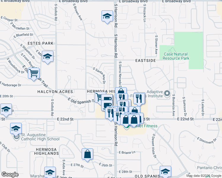map of restaurants, bars, coffee shops, grocery stores, and more near 990 South Harrison Road in Tucson