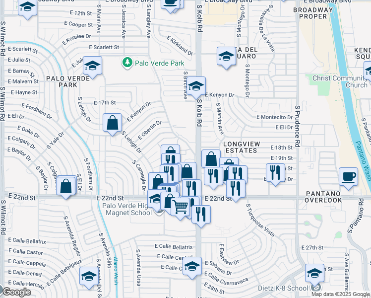 map of restaurants, bars, coffee shops, grocery stores, and more near 830 South Langley Avenue in Tucson