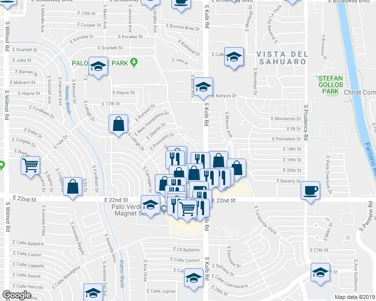 map of restaurants, bars, coffee shops, grocery stores, and more near 830 South Langley Avenue in Tucson