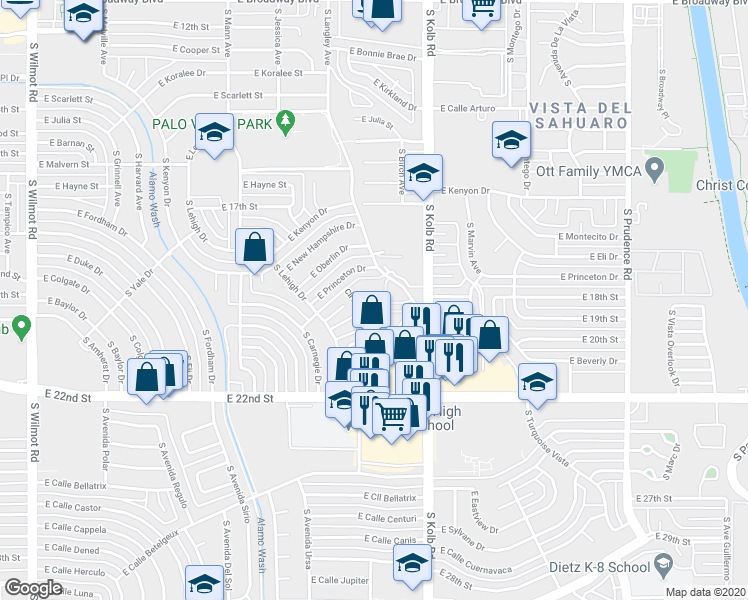 map of restaurants, bars, coffee shops, grocery stores, and more near 6933 East Douglas Place in Tucson