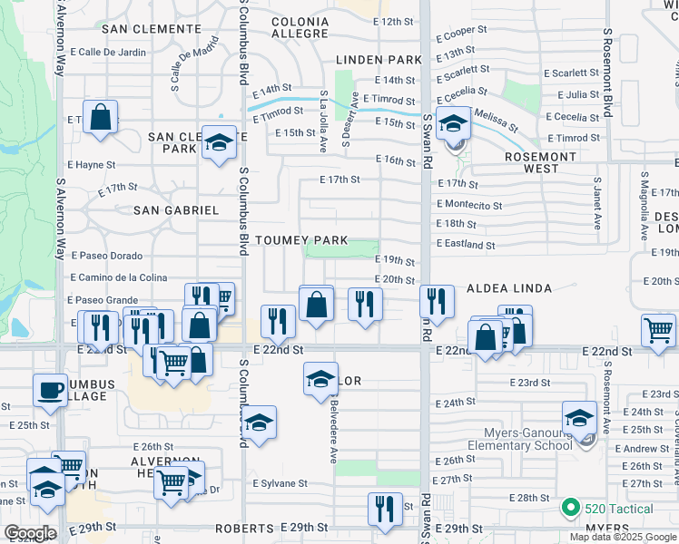 map of restaurants, bars, coffee shops, grocery stores, and more near 4504 East 20th Street in Tucson