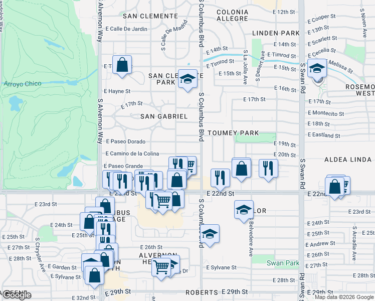 map of restaurants, bars, coffee shops, grocery stores, and more near 4216 East Camino de la Colina in Tucson