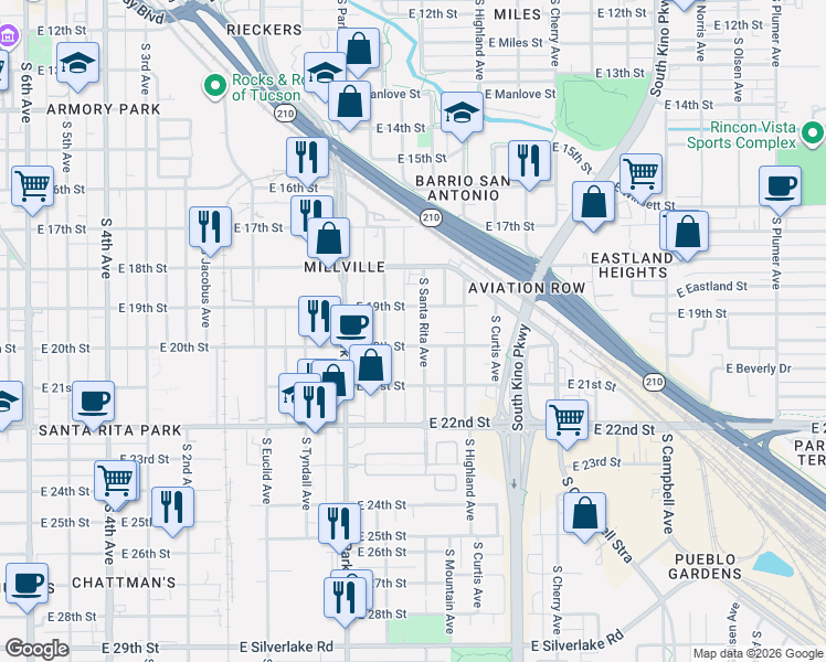 map of restaurants, bars, coffee shops, grocery stores, and more near 1070 East 20th Street in Tucson