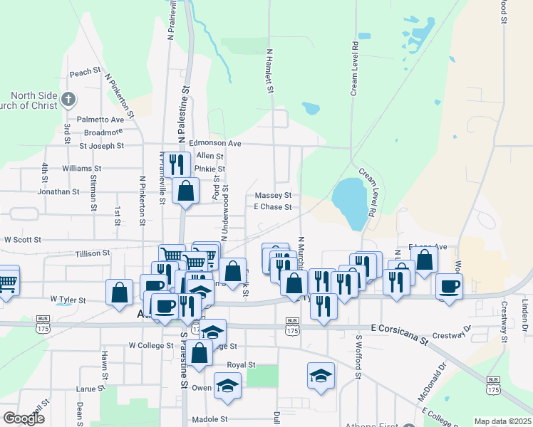map of restaurants, bars, coffee shops, grocery stores, and more near 511 East Scott Street in Athens