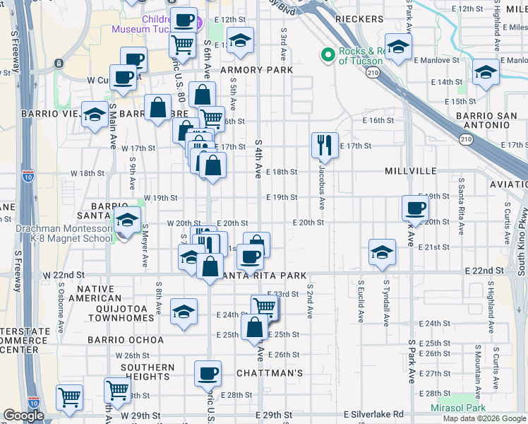 map of restaurants, bars, coffee shops, grocery stores, and more near in Tucson