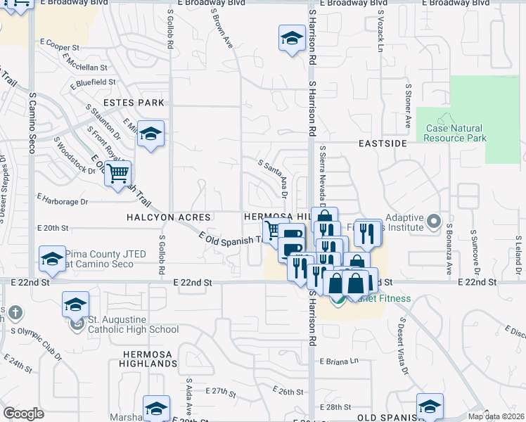 map of restaurants, bars, coffee shops, grocery stores, and more near 9324 East Magdalena Road in Tucson