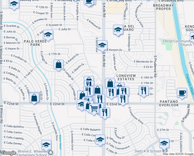 map of restaurants, bars, coffee shops, grocery stores, and more near 830 South Langley Avenue in Tucson