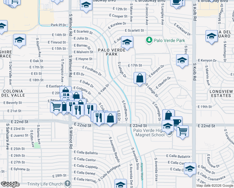 map of restaurants, bars, coffee shops, grocery stores, and more near 921 South Eli Drive in Tucson
